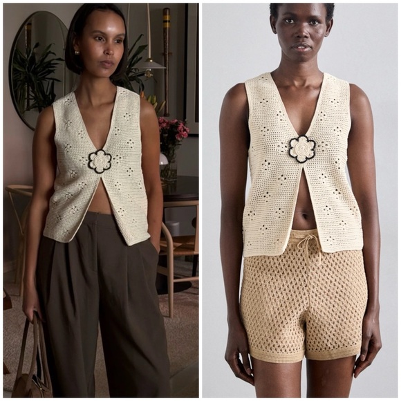 Sandro Crochet Knit Vest with Floral Detail Beige Ecru SZ 1 US 4 S - Picture 1 of 10